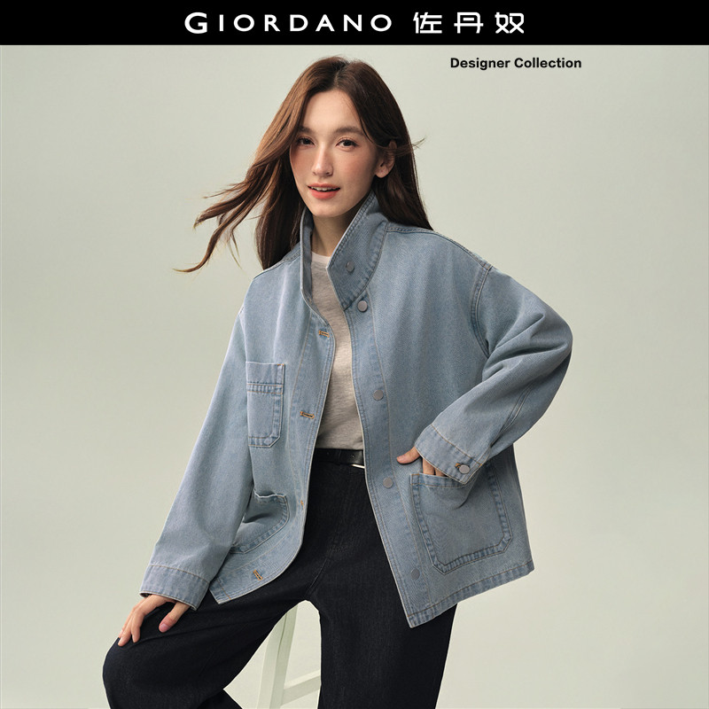 设计师款佐丹奴牛仔外套女复古洗水宽松廓形立领牛仔夹克183761