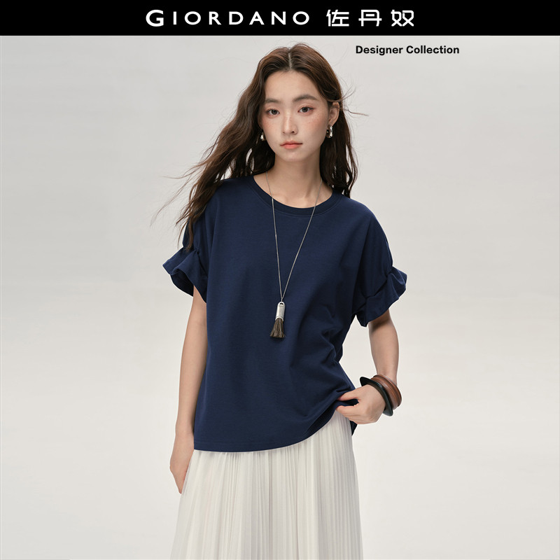 设计师款佐丹奴T恤女夏季新款女士圆领宽松花苞短袖上衣183259