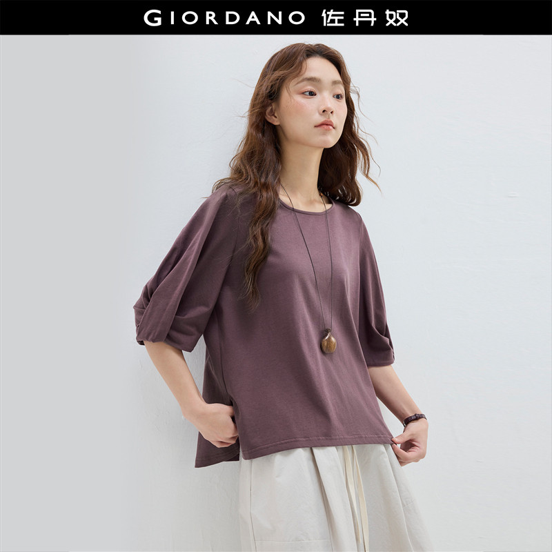 设计师款佐丹奴中袖扭结T恤女纯棉宽松前短后长圆领上衣18325206