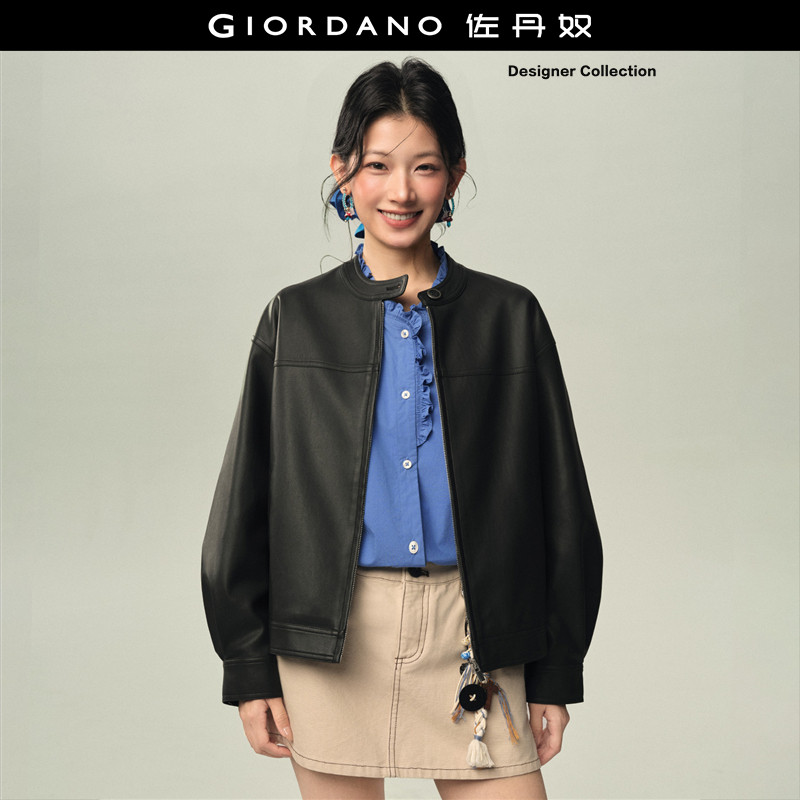 设计师款佐丹奴机车皮衣外套女宽松圆领PU环保软皮夹克女18376