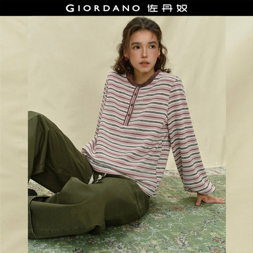 Giordano长袖条纹亨利领T恤