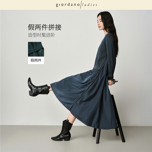 假两件圆领连衣裙毛梭织拼接