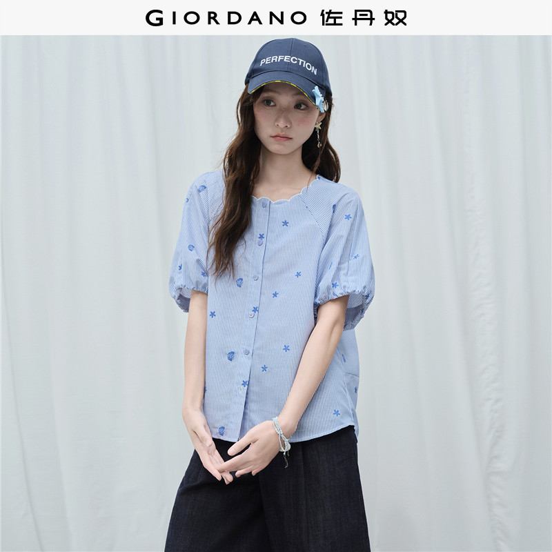 佐丹奴衬衫女装条纹贝壳绣花圆领插肩中袖梭织衬衫 18346615