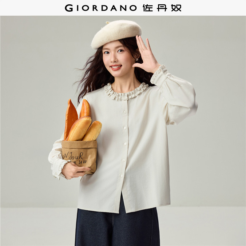 Giordano长袖衬衫花边褶圆领图片