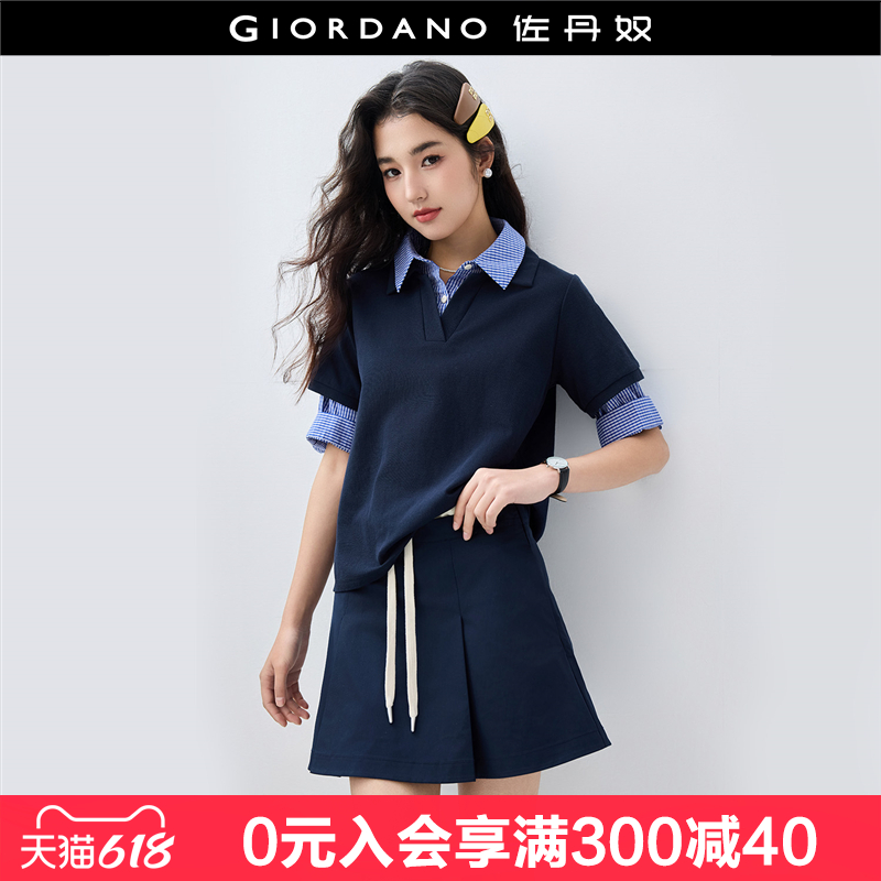 设计师款佐丹奴短袖Polo衫女假两件拼接格纹翻领休闲上衣1831