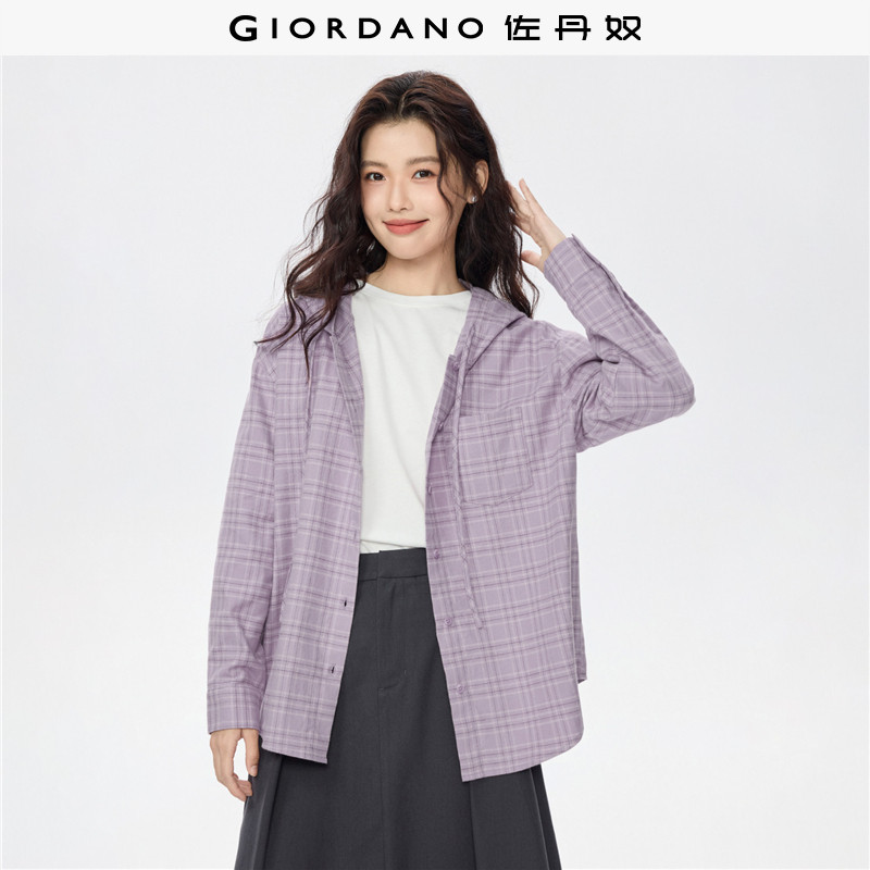 佐丹奴法兰绒衬衫女新款纯棉美式学院风宽松连帽格子衬衫13345860