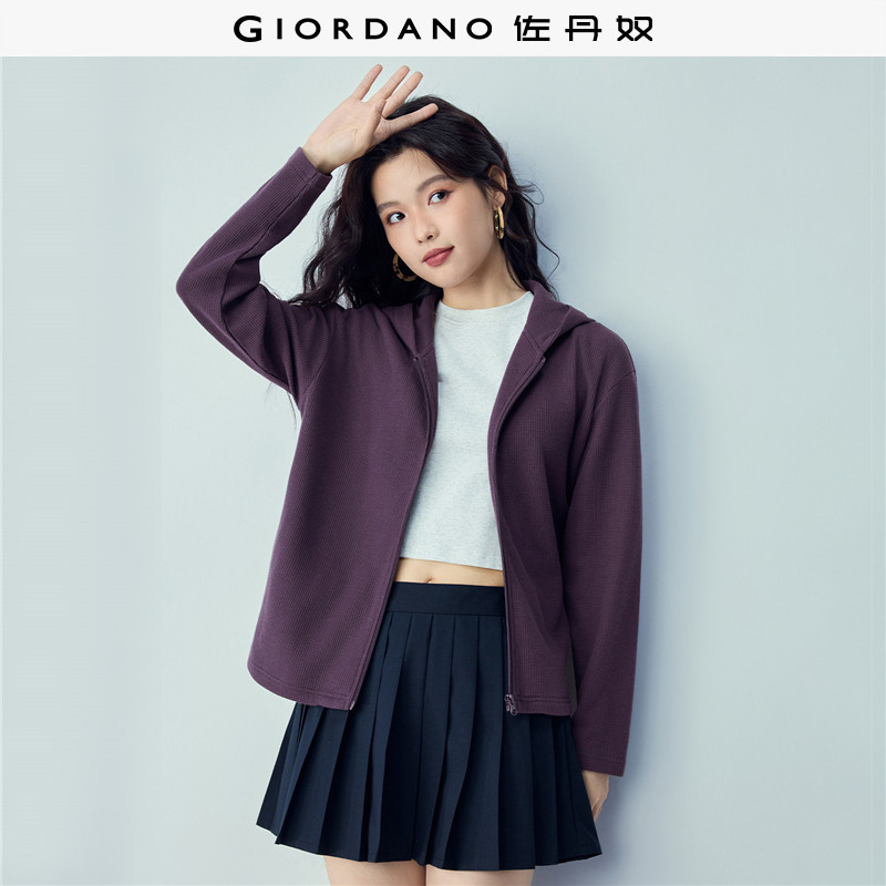 佐丹奴休闲外套女2026秋季华夫格肌理感宽松连帽卫衣开衫13376205
