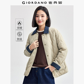 佐丹奴棉衣外套女秋冬新款 菱形格纹拼接牛仔翻领棉服夹克13375828