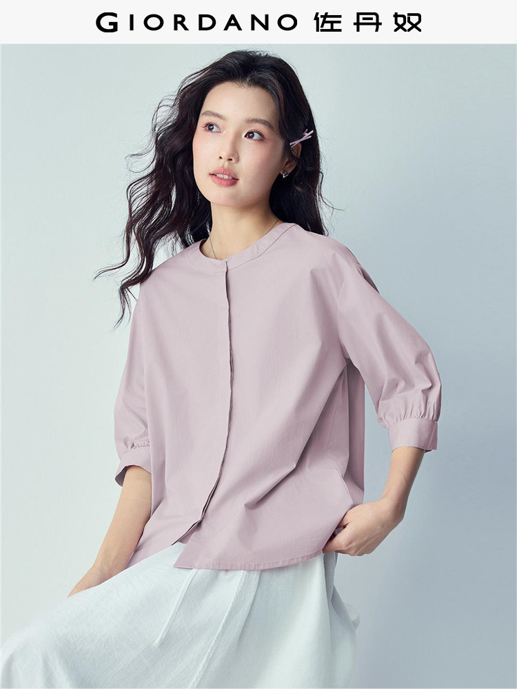 佐丹奴极简衬衫女夏季新款纯棉宽松圆领新中式中袖上衣女13346204