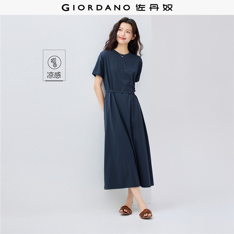 佐丹奴裙子女夏季新款黑科技凉感绑带高级圆领短袖连衣裙05465479