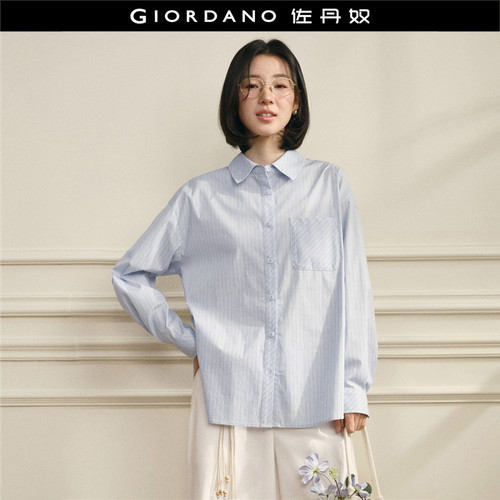 Giordano长袖条纹弧形下摆衬衫