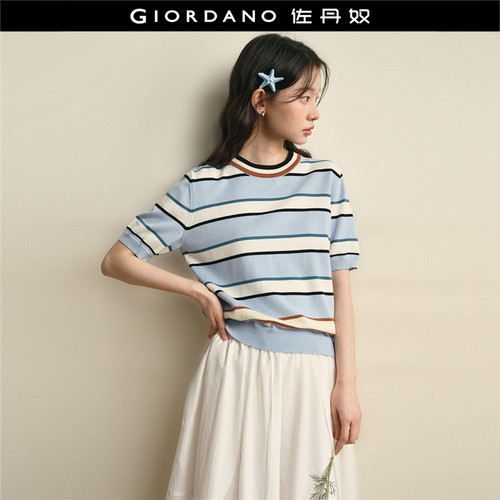 Giordano圆领套头条纹针织衫