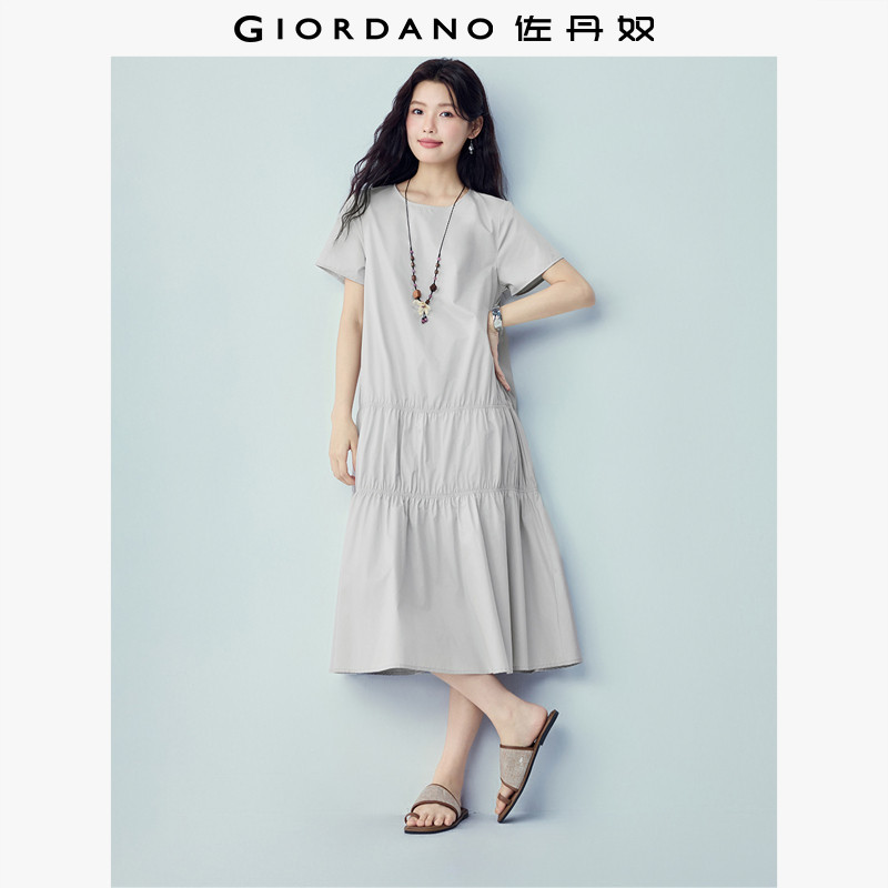 佐丹奴短袖裙子女夏季新款纯棉蛋糕裙拼接缩褶圆领连衣裙05466339