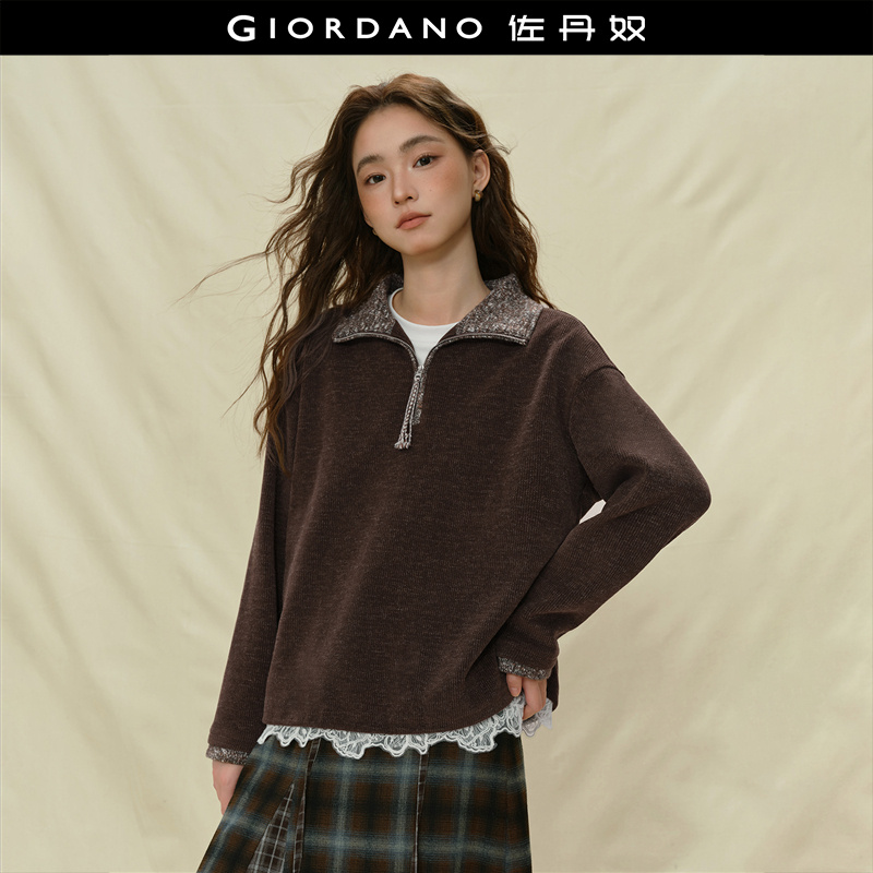Giordano宽松拼接卫衣半开襟