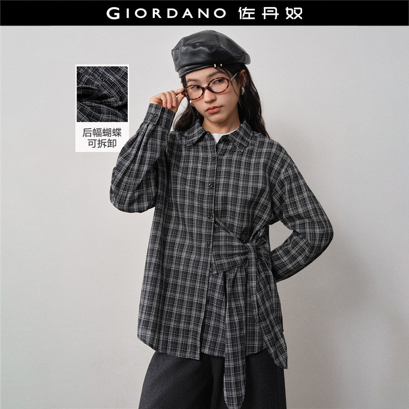设计师款佐丹奴2026年春季蝴蝶结系带翻领格纹衬衫女长袖18345303,女装/女士精品,衬衫,淘宝优惠券,粉丝福利购,淘宝优惠卷