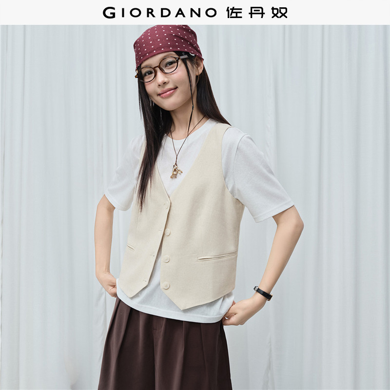 佐丹奴无领西装马甲女夏季新款亚麻修身V领短款背心外套13376220