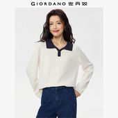 新款 女春季 撞色翻领宽松套头针织上衣女13355784 针织衫 佐丹奴长袖