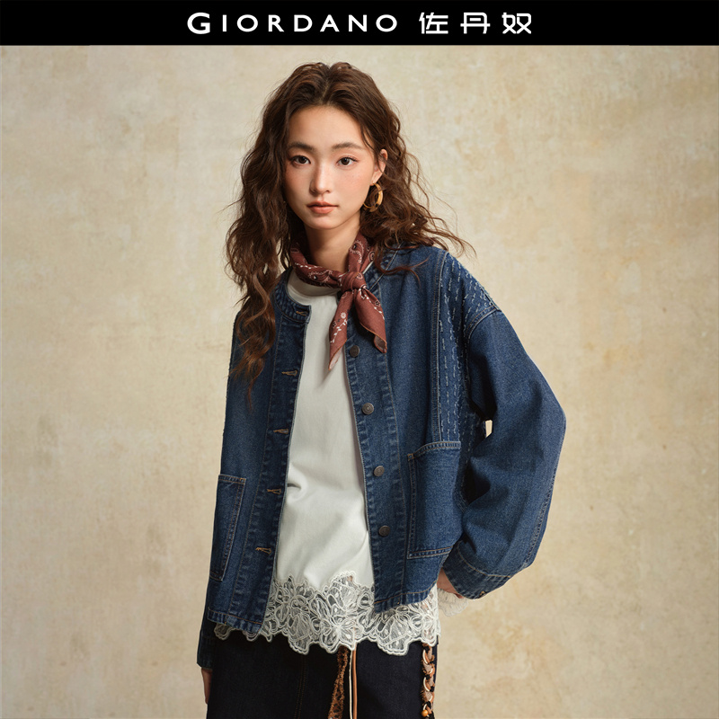 Giordano磨破圆领牛仔外套