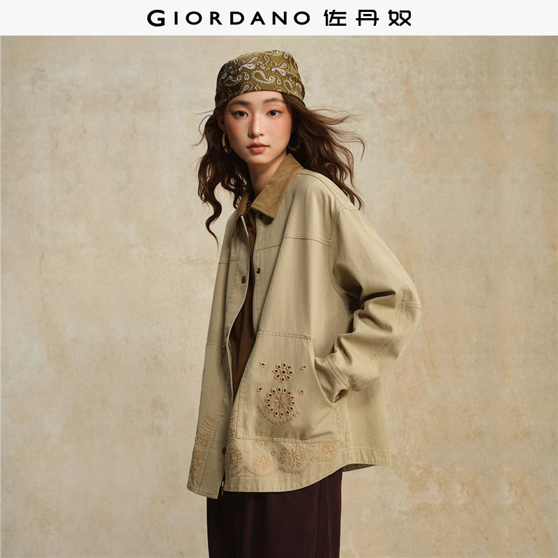 佐丹奴外套女装纯棉镂空绣花拼接翻领梭织外套 18375207