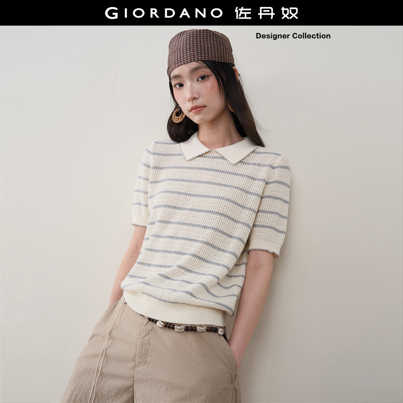 Giordano翻领套头针织衫条纹图片