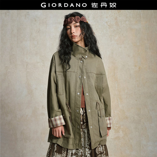 佐丹奴翻领中长款格纹拼接风衣