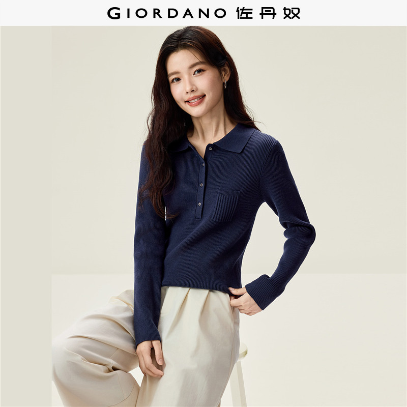 佐丹奴Polo针织衫女2026秋冬新款单口袋修身翻领长袖上衣13356919