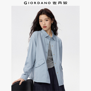 简约口袋宽松翻领针织休闲上衣05375471 新款 佐丹奴衬衫 外套女春季