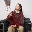 设计师款 宽松V领毛呢外套18375917 佐丹奴可卸围巾红色大衣女新款