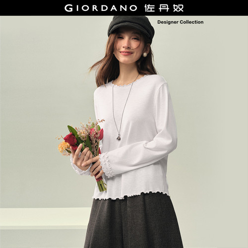 Giordano长袖圆领木耳边T恤