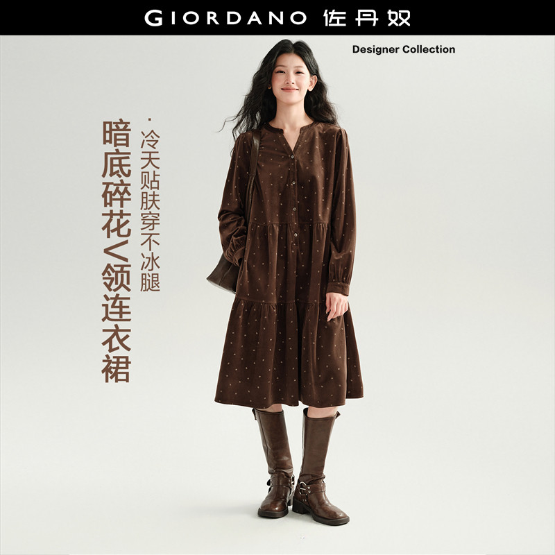 设计师款佐丹奴宽松裙子女复古风灯芯绒V领碎花连衣裙女18466323