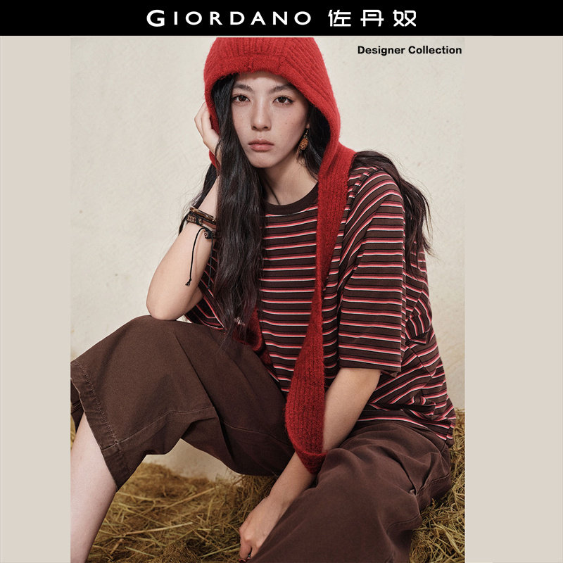 Giordano中袖宽松条纹圆领T恤图片