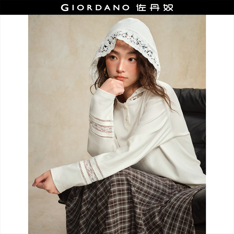 Giordano连帽拼接蕾丝长袖T恤