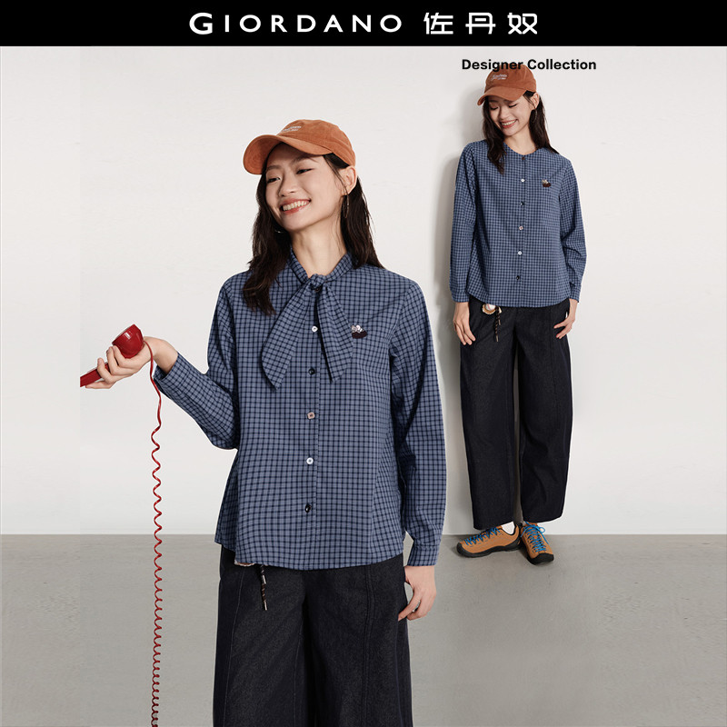 Giordano格纹长袖衬衫可卸领带图片