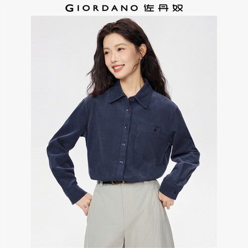 佐丹奴宽松长袖灯芯绒刺绣衬衫