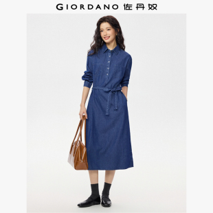 口袋绑带翻领牛仔连衣裙女13465869 纯棉薄款 佐丹奴2026年春季 新款