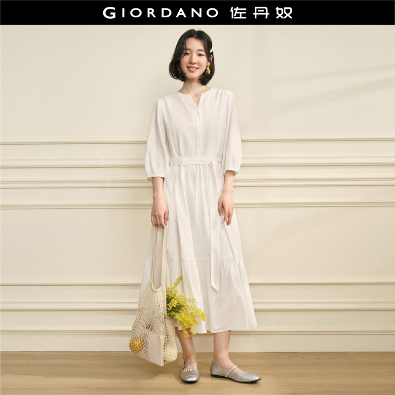 设计师款佐丹奴2026年春条纹提花系带V领七分袖连衣裙女18466703