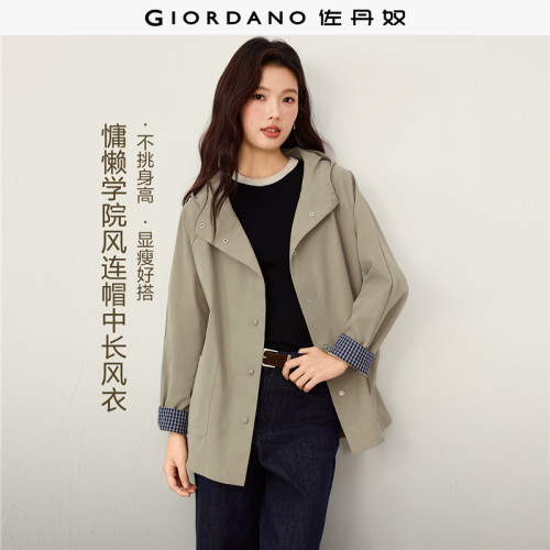 Giordano连帽风衣外套拼接格纹