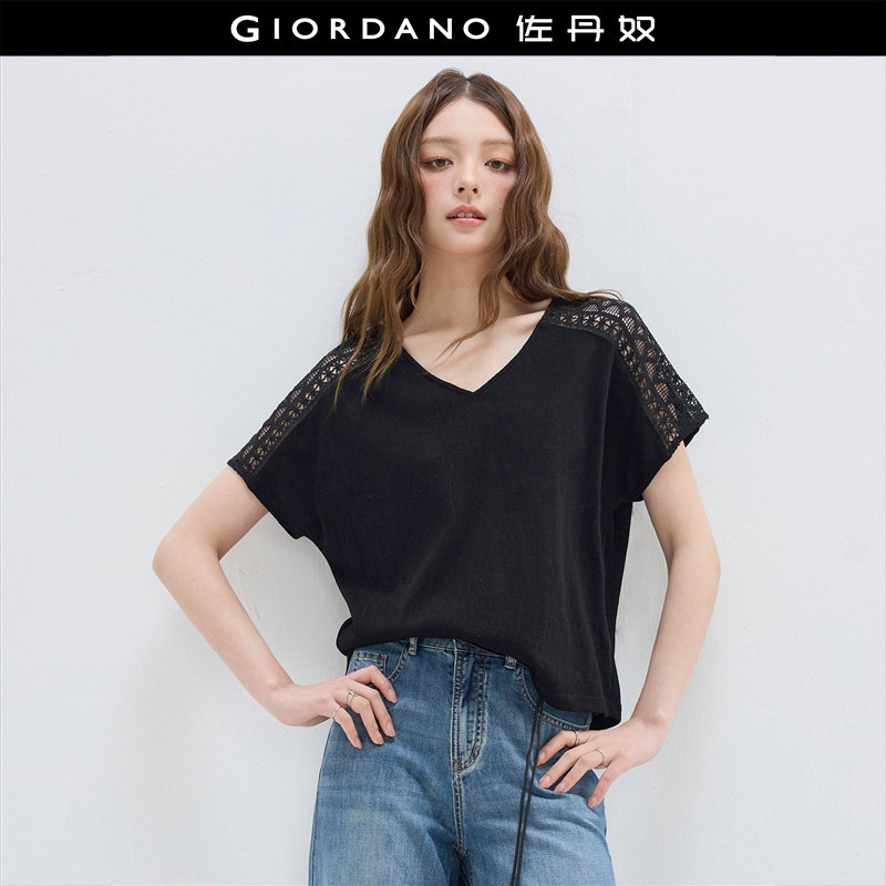 设计师款佐丹奴短袖T恤女夏季宽松镂空蕾丝插肩V领上衣女18325210 - 实物图