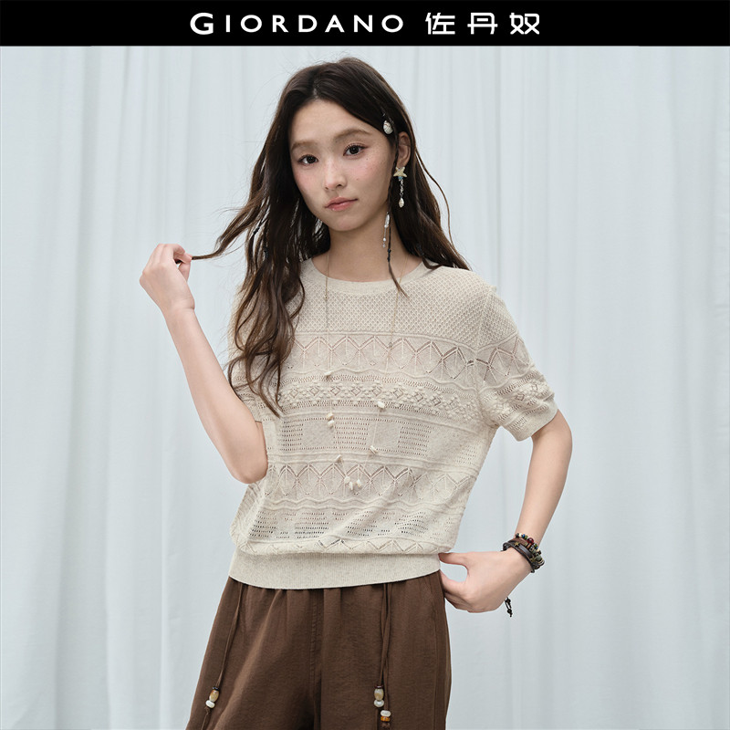 设计师款佐丹奴短袖针织衫女夏季亚麻镂空提花宽松薄上衣18356107