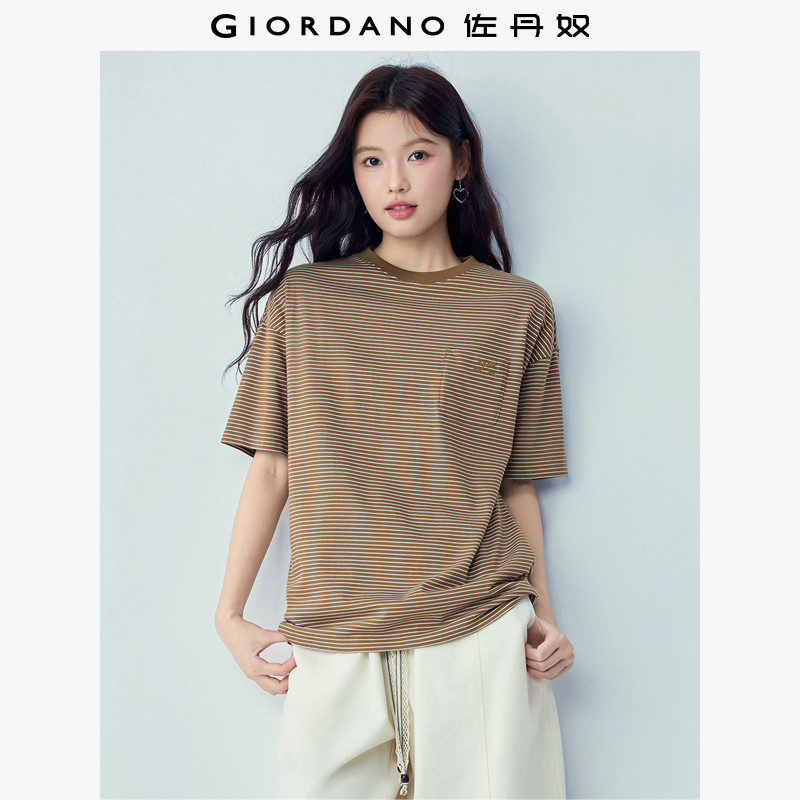 佐丹奴条纹T恤女夏新款纯棉蝴蝶结刺绣口袋圆领短袖上衣05326405