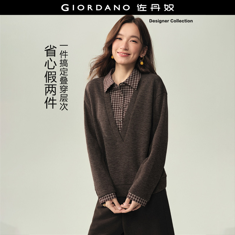 设计师款佐丹奴针织衫女假两件拼接格纹翻领半开襟毛衣女183567