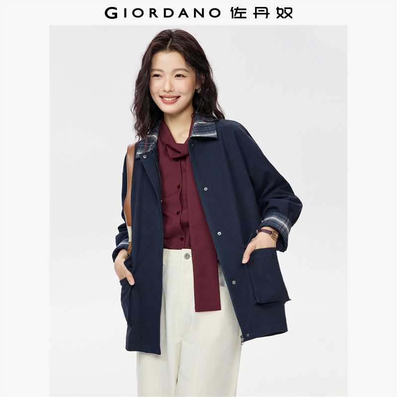 Giordano纯棉格纹翻领外套拼接