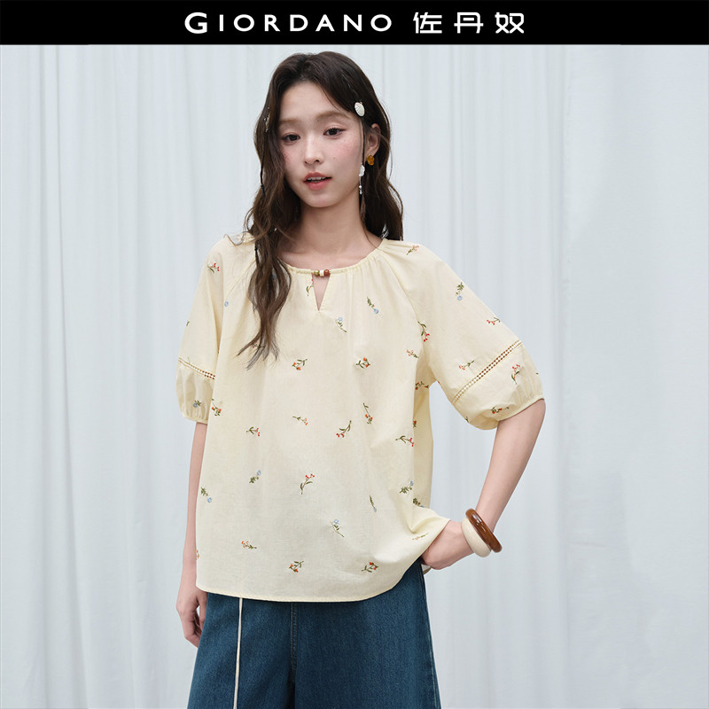 设计师款佐丹奴衬衫女夏季新款宽松绣花串珠圆领中袖上衣18346718