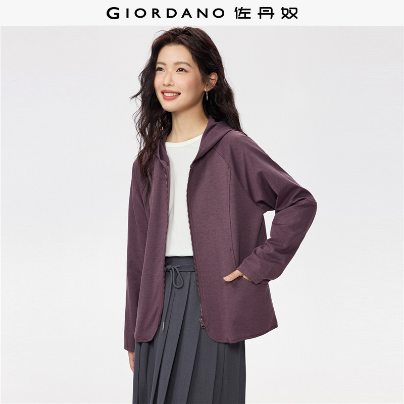 佐丹奴休闲外套女新款弧形口袋连帽插肩拉链运动卫衣开衫05375462