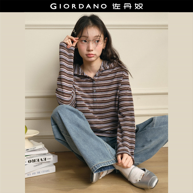 设计师款佐丹奴2026年春季复古条纹连帽半开襟长袖T恤女18326807,女装/女士精品,T恤,淘宝优惠券,粉丝福利购,淘宝优惠卷