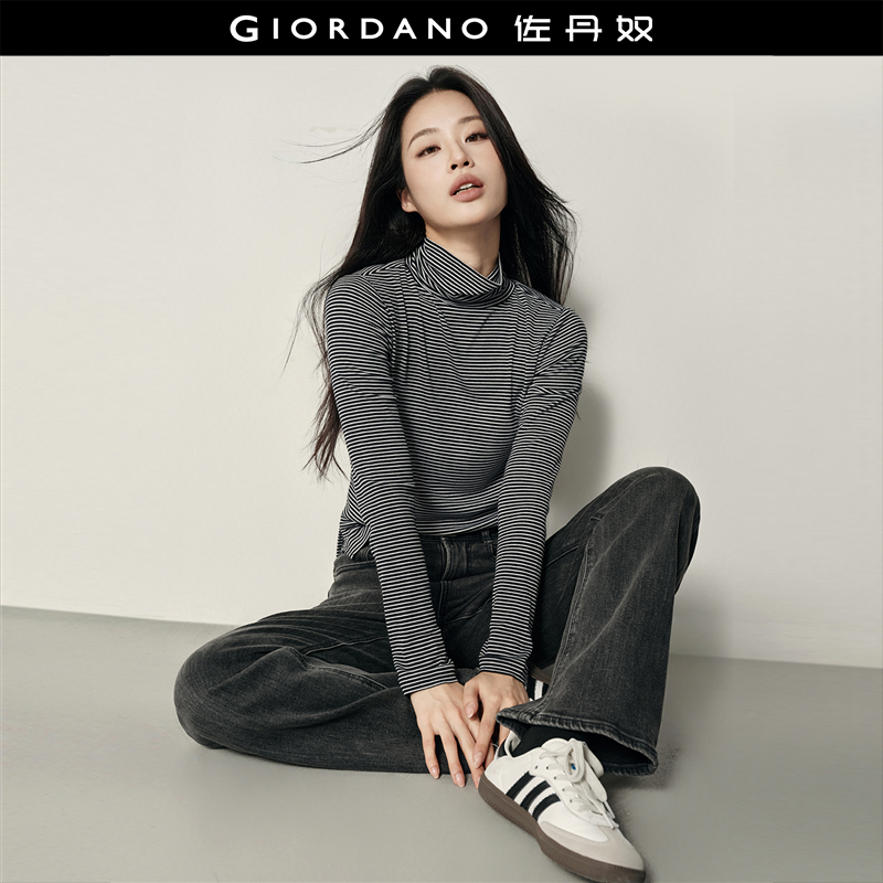 Giordano高领条纹长袖T恤