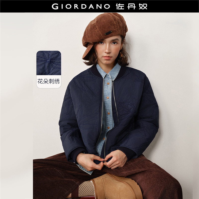 设计师款佐丹奴复古棒球服女花朵刺绣宽松棒球领棉衣外套18375221