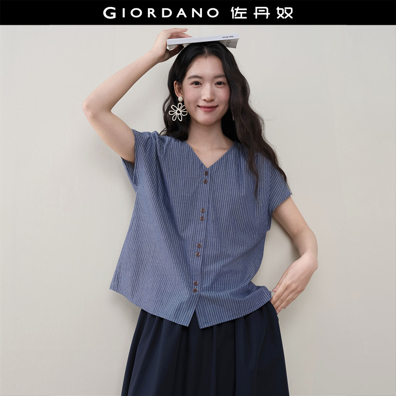 设计师款佐丹奴女装夏季新款棉麻配领带条纹V领短袖衬衫18346311