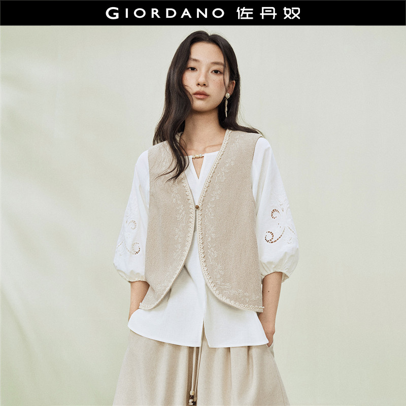 设计师款佐丹奴亚麻背心外套女棉麻刺绣蕾丝V领马甲开衫18376604