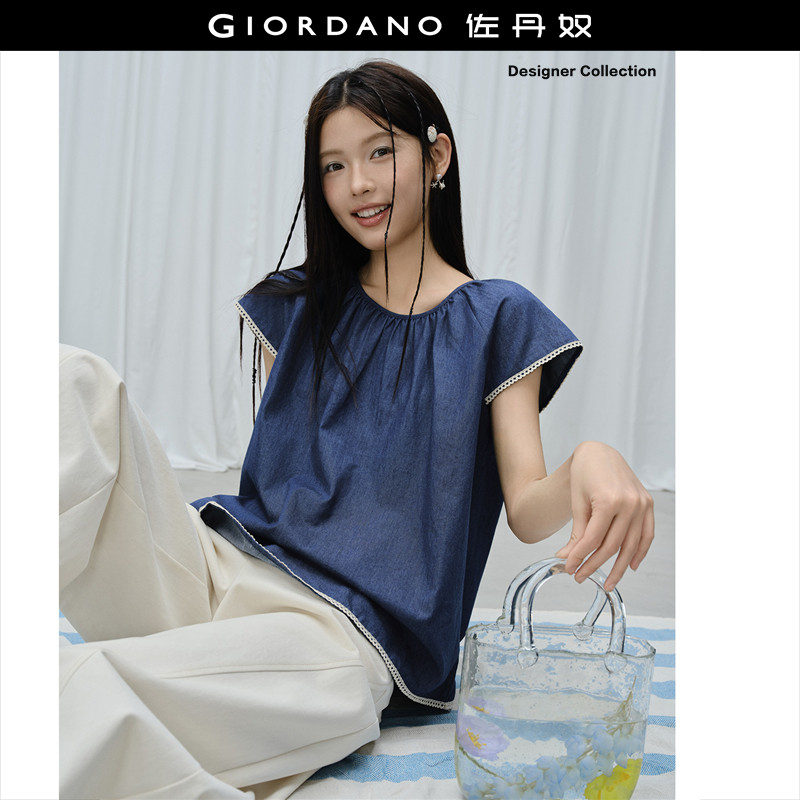 Giordano插肩袖牛仔衬衫花边图片